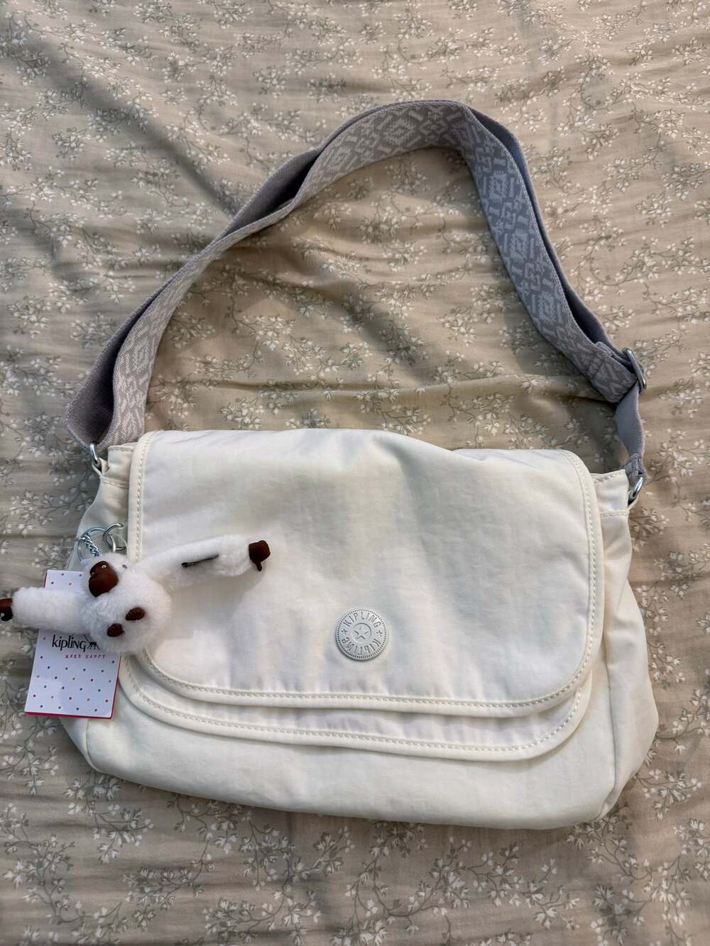 Kipling Off-White Flap Crossbody Shoulder Bag Geometric Strap Monkey Charm NWT